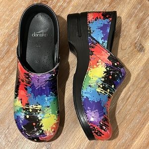 Dansko Multicolored Paint Splatter Clogs. Size 42